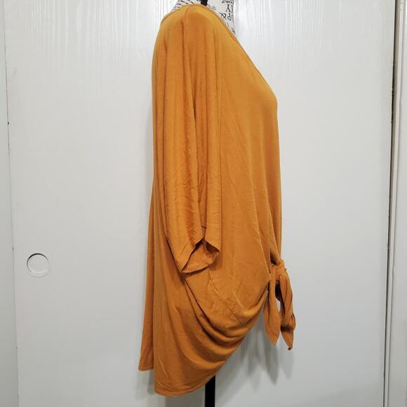 Zenana Short Sleeve Blouse Top Mustard Yellow Gold Tie Front Stretch Loose Large - Picture 2 of 10